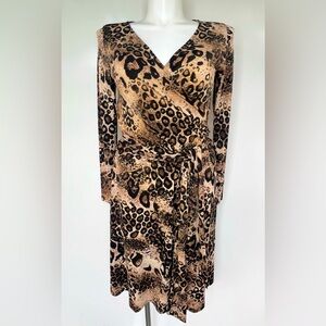 Newport News Leopard Animal Print Midi Wrap Dress Size Large POLYESTER, SPANDEX